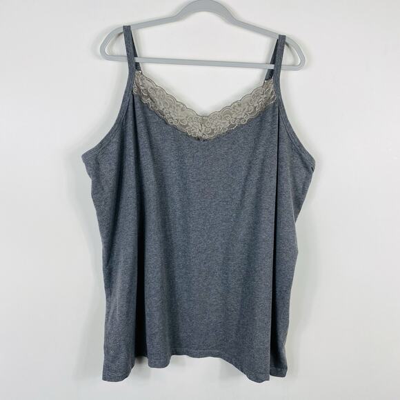 Catherines Plus Size 3X Suprema Lace Trim Camisole Cami Top Gray Tan Cotton - Picture 1 of 6